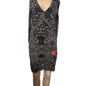Desigual Black and Gray Mini Dress with Red Floral Accent
